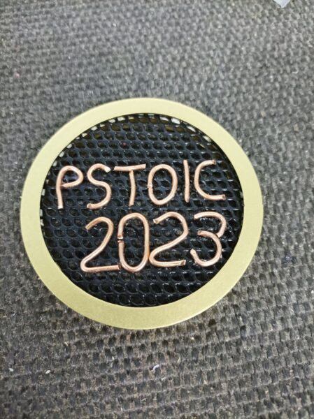 Medal with a black mesh background and a gold trip with copper lettering