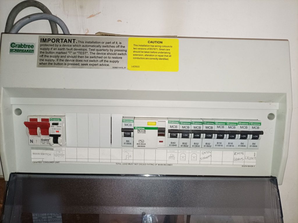 A UK consumer unit, located in a cupboard under the stairs.