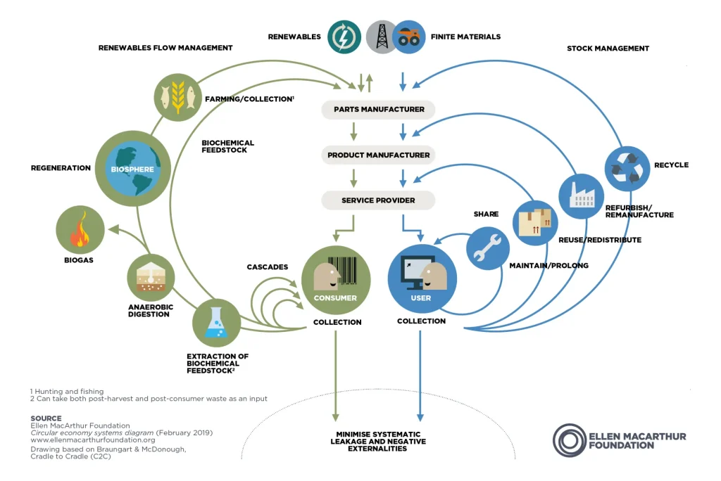 A diagram of the circular economy with loops showing how materials can be reused and recycled.