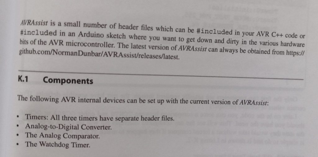 Example of an appendix, this one refers to Norman's AVR Assist library for helping with timers, Analogue to Digital conversion and Watch Dog function.