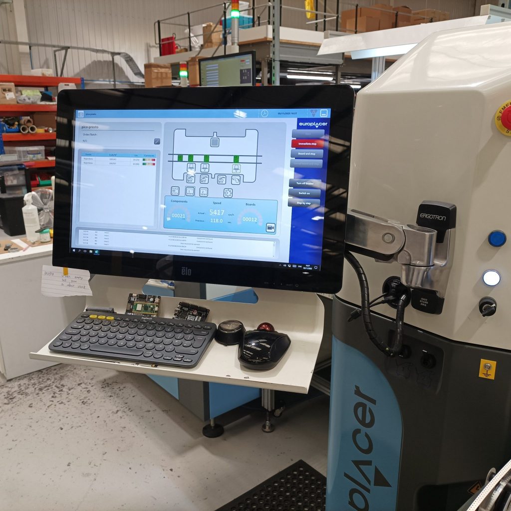 Control screen of the pick and place machine showing the boards flowing through the machine