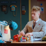 A man in a suit in an office. Telephones on the wall behind him